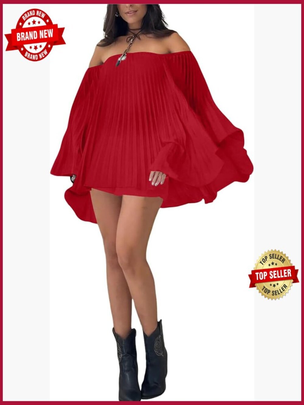 Women's 2 Piece Pleated Set Off Shoulder 3/4 Cape Sleeve Top Shorts